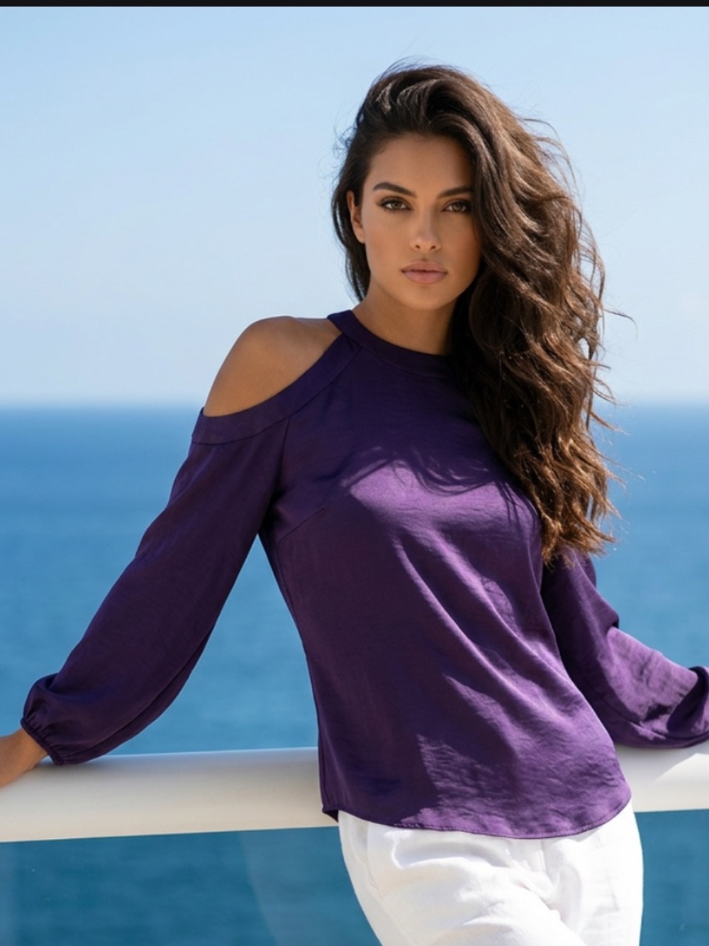 Neimen Marcus eggplant purple satin cold shoulder blouse by NSR. NWT size M